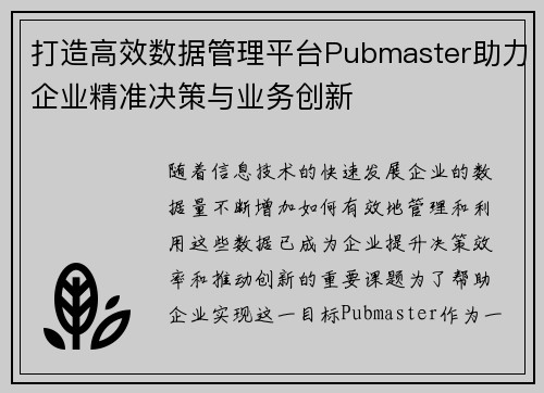 打造高效数据管理平台Pubmaster助力企业精准决策与业务创新