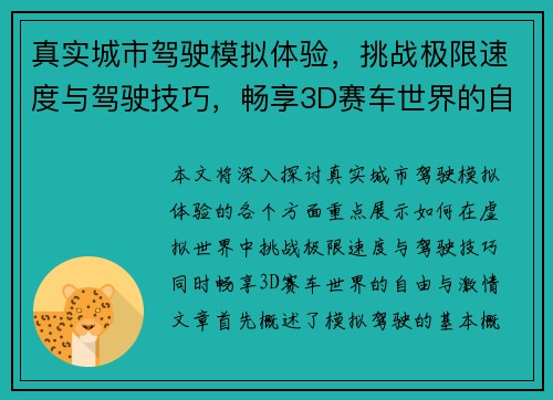 真实城市驾驶模拟体验，挑战极限速度与驾驶技巧，畅享3D赛车世界的自由与激情